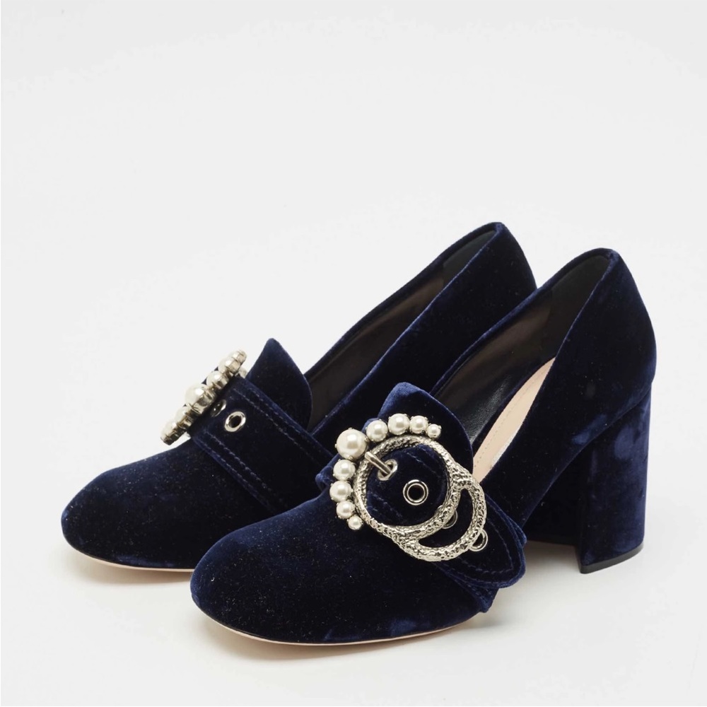 Miu Miu Blue Velvet Pearl Buckle Embellished Mary Jane Pump Size 8 - Picture 1 of 10